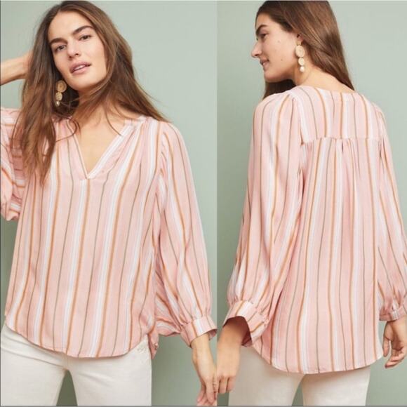 Maeve Brenda‎ Peasant Blouse Top XS Pink Striped Boho Hippie Cottagecore Casual - Picture 1 of 12